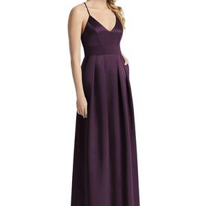 After Six 1521..Pleated Skirt Satin Maxi Dress with Pockets..Aubergine..Size 6L